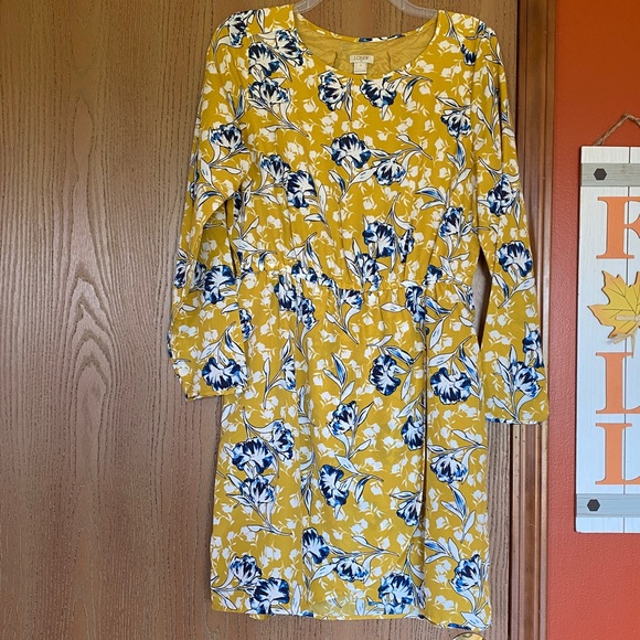 J. Crew Long Sleeve Wrap Bottom Style Mustard & Blue Floral Dress - Picture 1 of 6